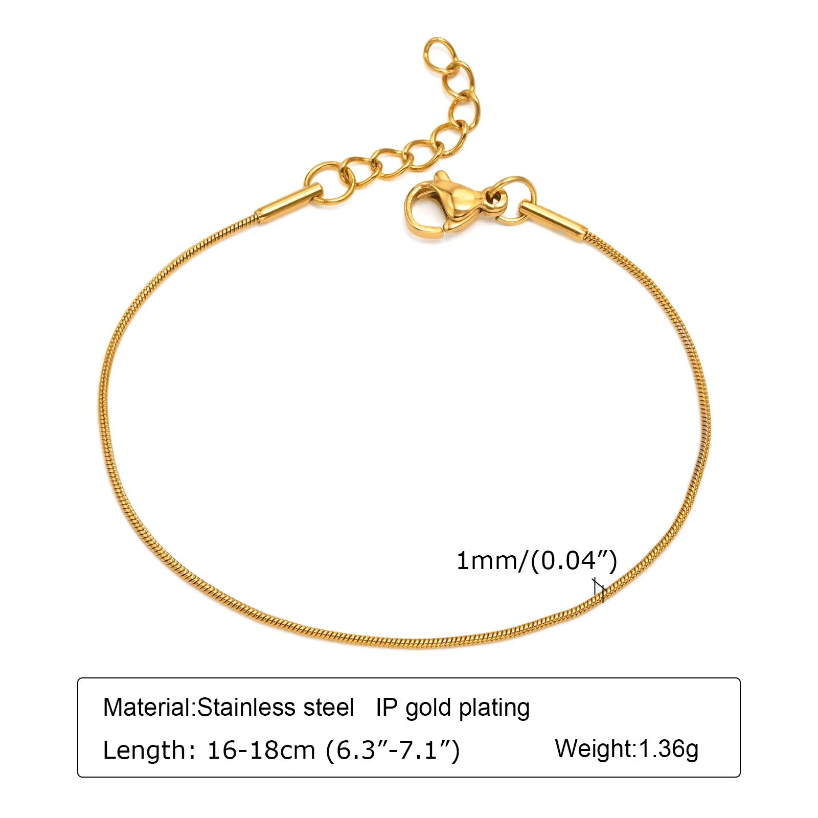Thin Link Women Bracelet, Stainless Steel 18K Gold Plated Wrist Chain Waterproof Resistant Jewelry
