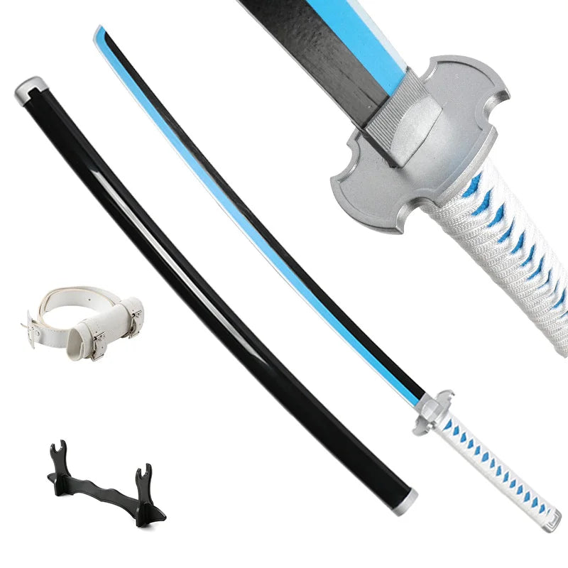 Collection of colorful anime swords with unique designs and a display stand, showcasing samurai katana styles.