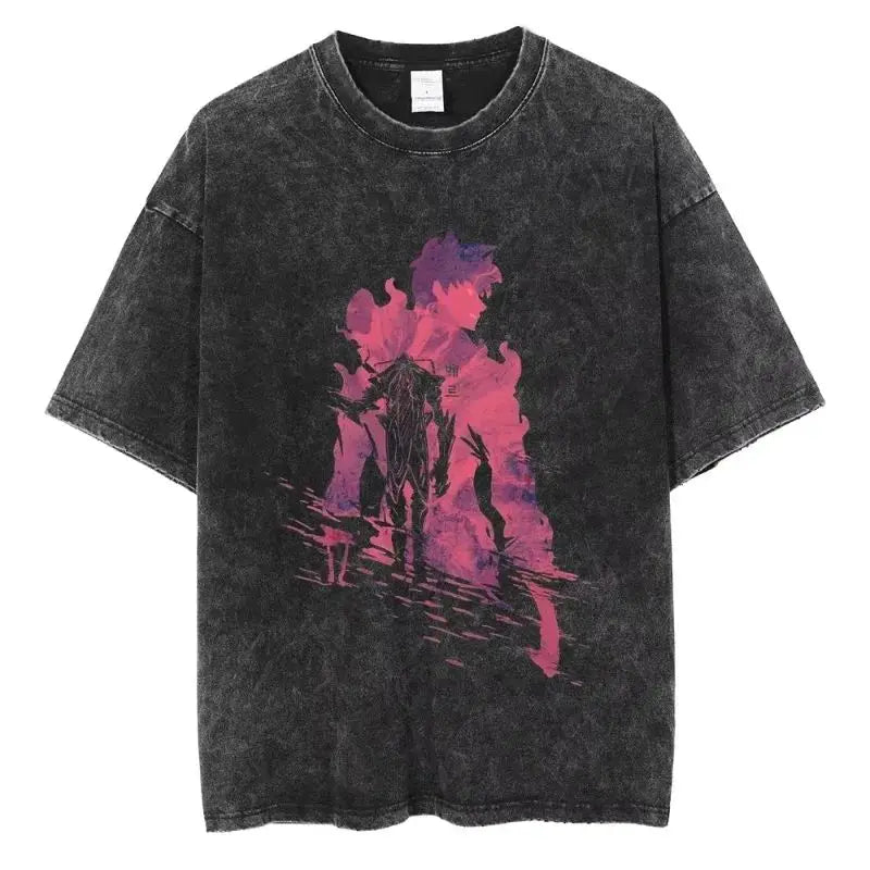 Men's and women's T-shirt plus size Harajuku unisex washed cotton T-shirt Hot Anime Solo Leveling Song Jinyu printed T-shirt
