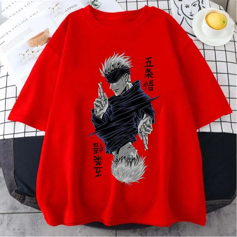 Women’s Jujutsu Kaisen Satoru Gojo T-shirt. Black & white O-neck, short sleeves, anime print, perfect for casual summer streetwear.