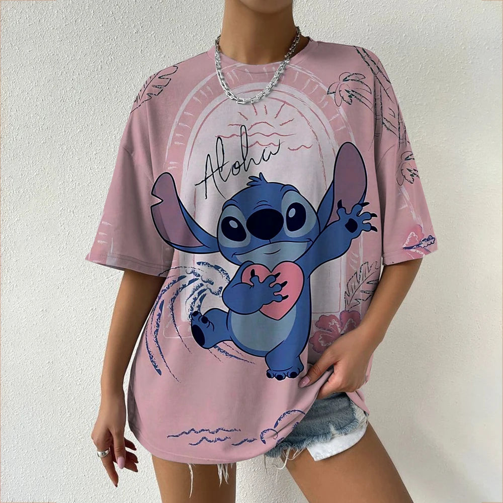 Women's T-Shirts For Women Disney Stitch print Tees Casual Street Femalewear Summer Oversized T-Shirt Fashion Lady Y2k Clothing