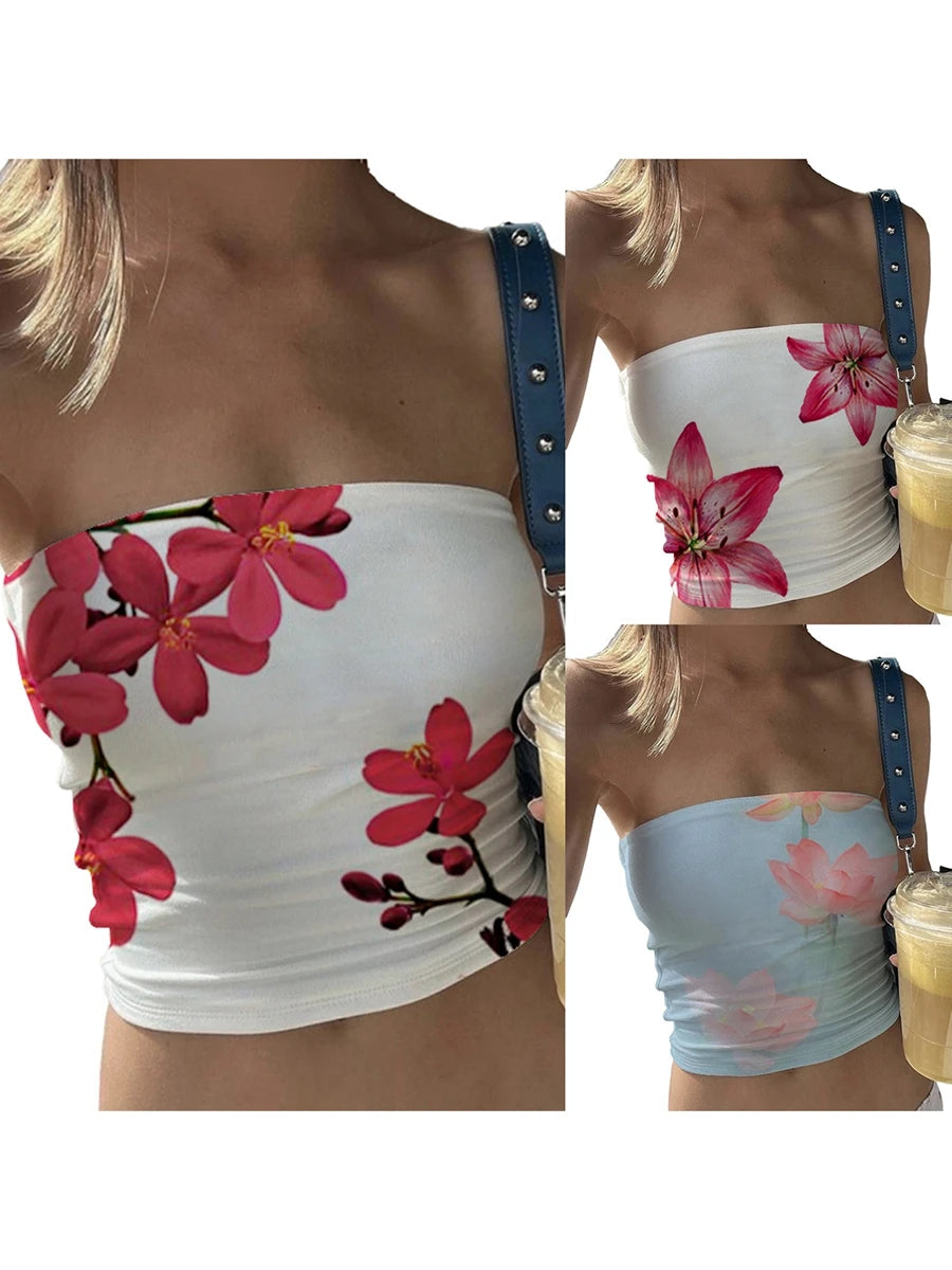 Women's Floral Print Tube Tops Summer Strapless Bandeau Tops Slim Fit Shirts Streetwear
