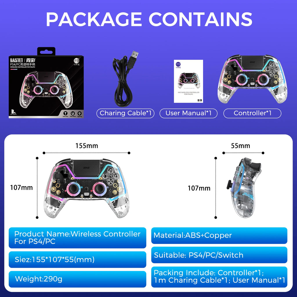 IINE Bastet Wireless Controller Compatible with PS4/Switch/PC/Android/IOS Hall Effect Joystick & Trigger With Touch Pad