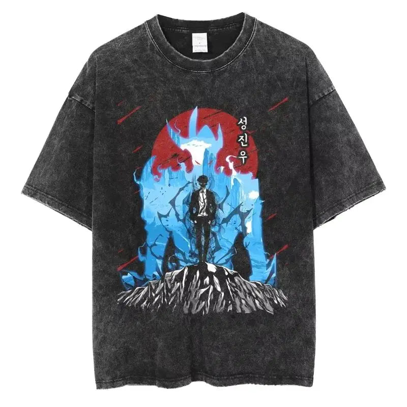 Men's and women's T-shirt plus size Harajuku unisex washed cotton T-shirt Hot Anime Solo Leveling Song Jinyu printed T-shirt