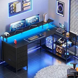 L Shaped Desk with 4 Drawers and Storage Shelves, L Shaped Gaming Desk with LED Lights & Power Outlets, Computer Desk with Shel