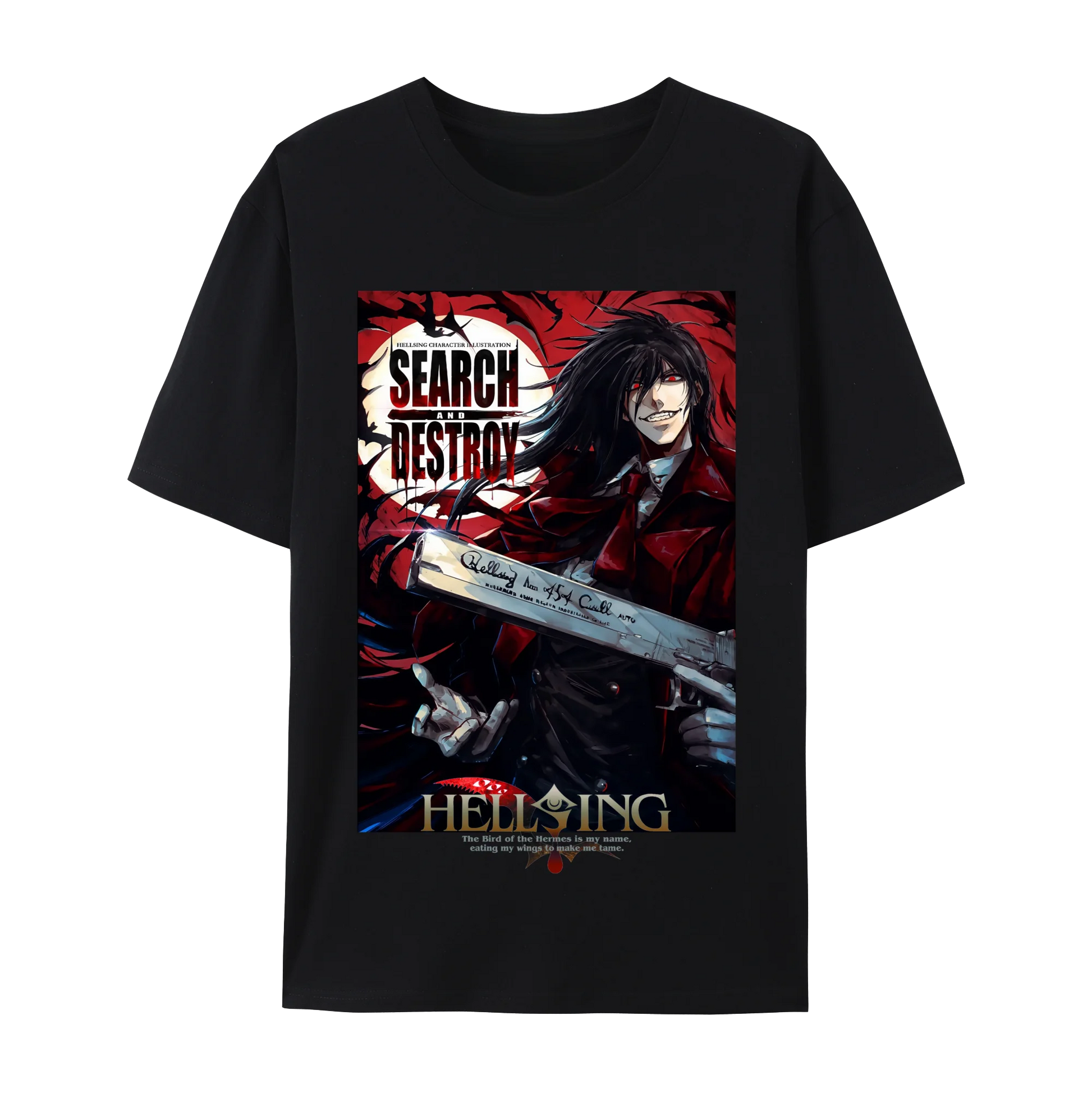 Black graphic t-shirt featuring Alucard from Hellsing with 'Search and Destroy' design.