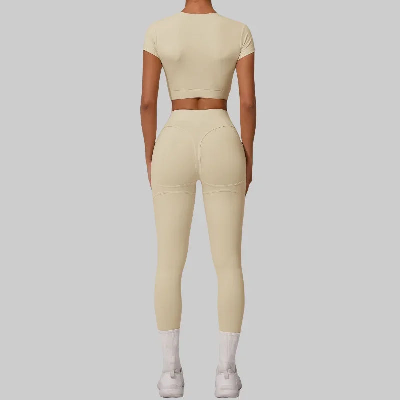 Women wearing seamless yoga sets in brown and beige, showcasing high waist and hip lift design, perfect for fitness activities.