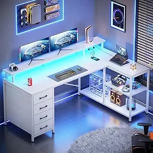 L Shaped Desk with 4 Drawers and Storage Shelves, L Shaped Gaming Desk with LED Lights & Power Outlets, Computer Desk with Shel