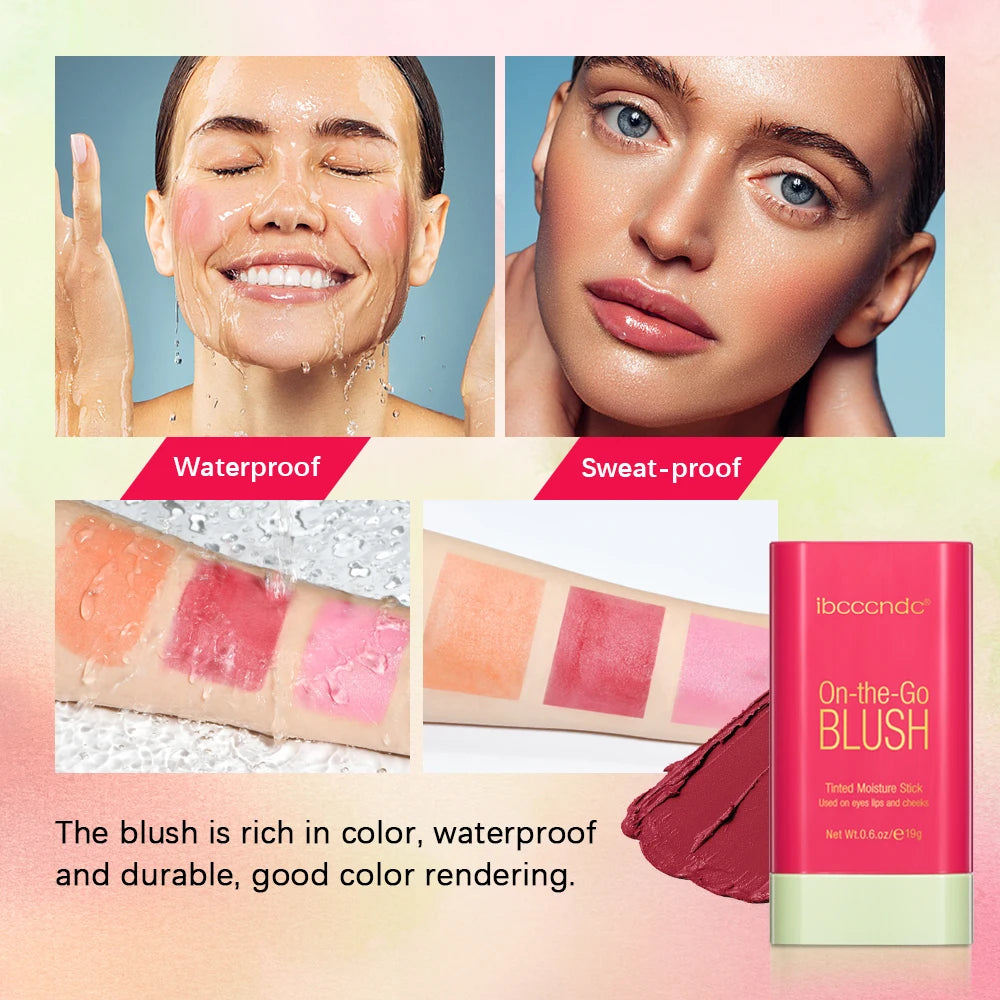 Colorful packaging of On-the-Go Blush by ibccandc, featuring tinted moisturizer sticks in various shades.