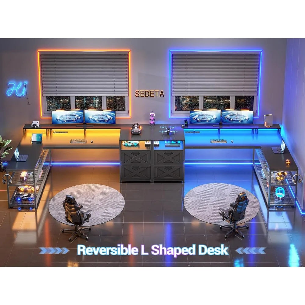 67" L Shaped Desk with Drawers, Computer Office Desk with Storage Shelves & Power Outlet, Reversible Gaming Desks with LED Ligh