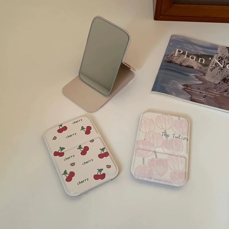 PU Leather Portable Mini Makeup Pocket Mirror Adjustable Angle Desktop Small Folding Cosmetic Mirror High Definition Vanity Tool