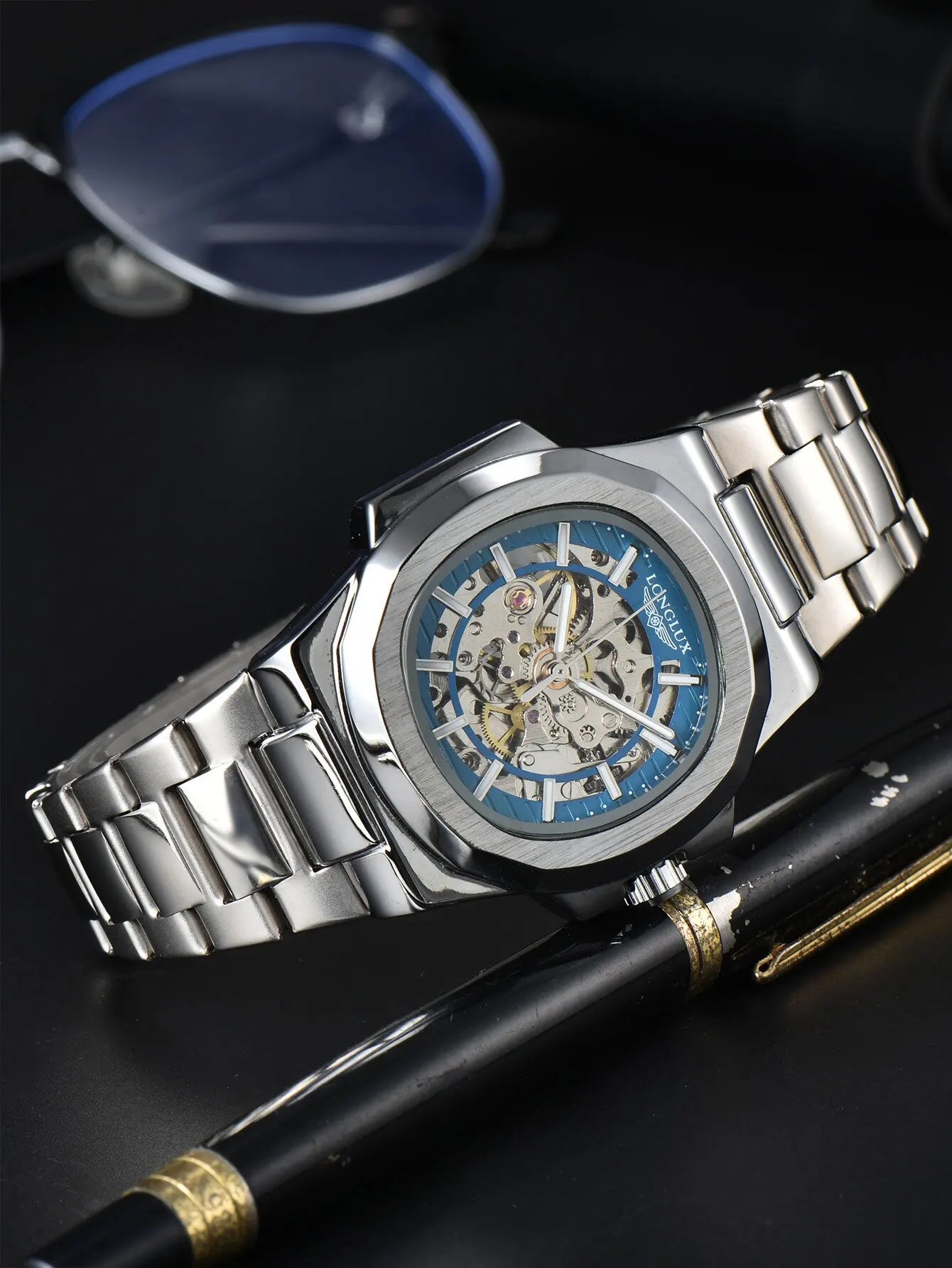 LONGLUX Men automatic mechanical watch luxury watches waterproof skeleton business cheap wholesale stainless steel gift watch