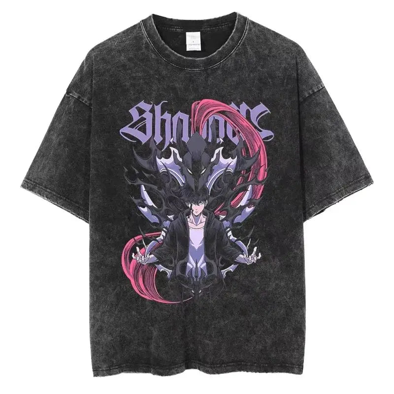 Men's and women's T-shirt plus size Harajuku unisex washed cotton T-shirt Hot Anime Solo Leveling Song Jinyu printed T-shirt