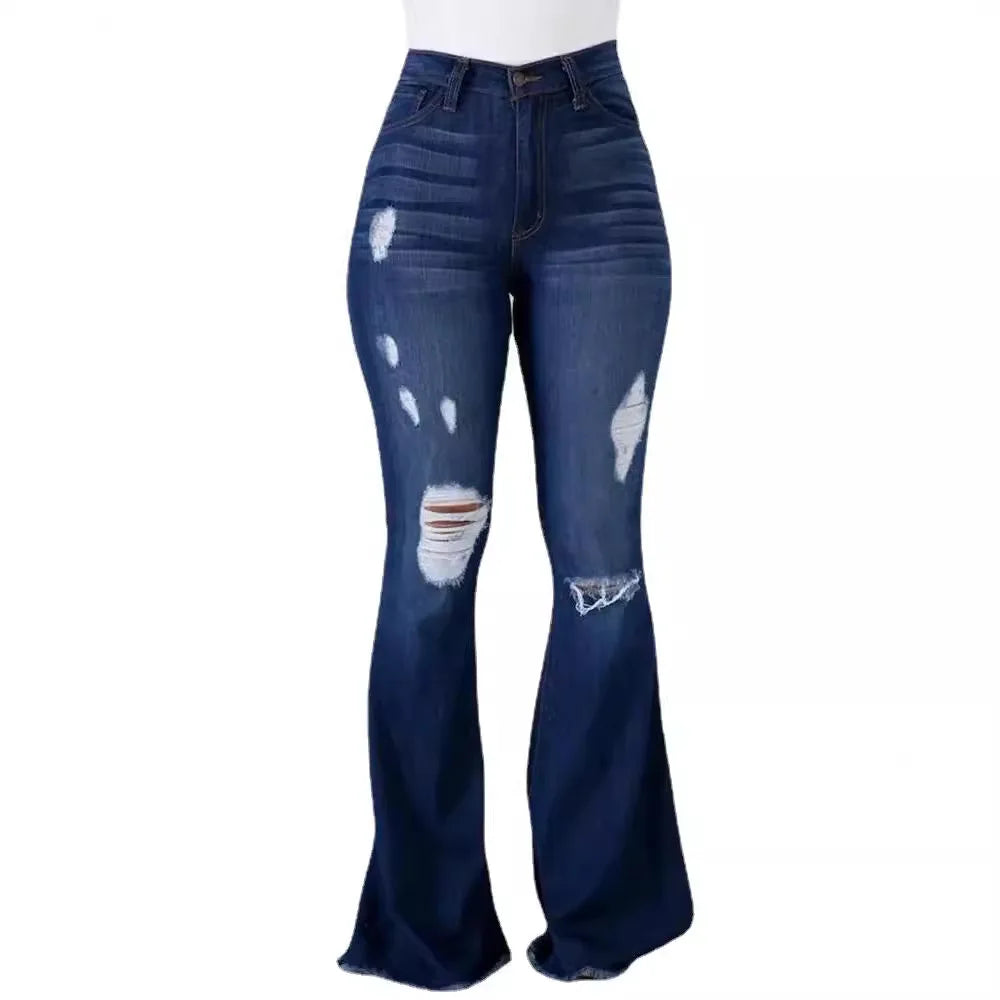 Denim Flare Pants Women Hole Jeans Boot Cut High Waist Stretch Pockets Distressed Washed Streetwear 2025 Floor Length Trousers