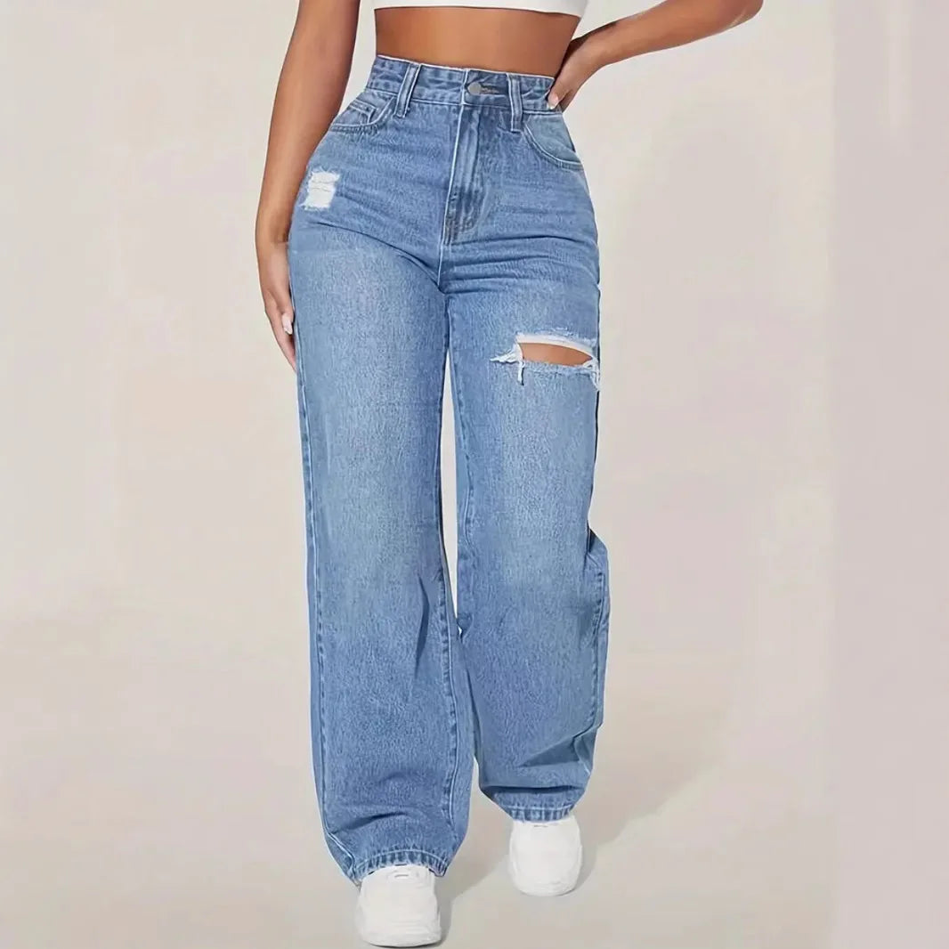 Mom Jeans Women Denim Pant Wide Leg Long Pants Hole High Waist Straight Trousers Y2k Streetwear Work Splice Casual 2025 Punk