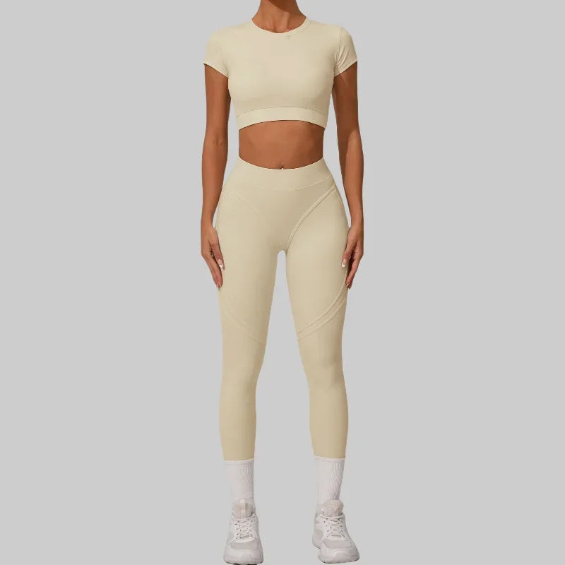 Women wearing seamless yoga sets in brown and beige, showcasing high waist and hip lift design, perfect for fitness activities.