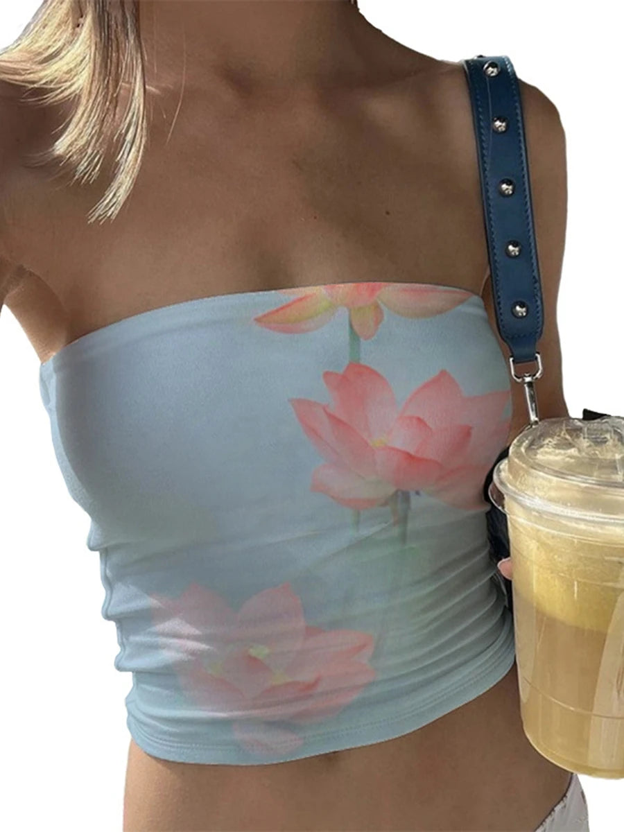 Women's Floral Print Tube Tops Summer Strapless Bandeau Tops Slim Fit Shirts Streetwear