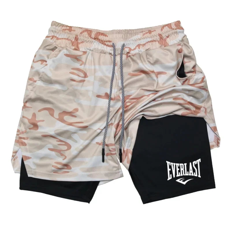 Men's compression gym shorts, EVERLAST printed sports pants, double layered, quick drying, basketball, beach, muscle, fitness