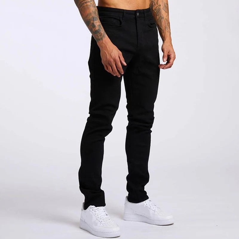 Mens Jeans Elastic Skinny Solid Color Stretch Pencil Pants Slim Fit Denim Jeans Jogging Streetwear Cowboy Casual Trousers Blck