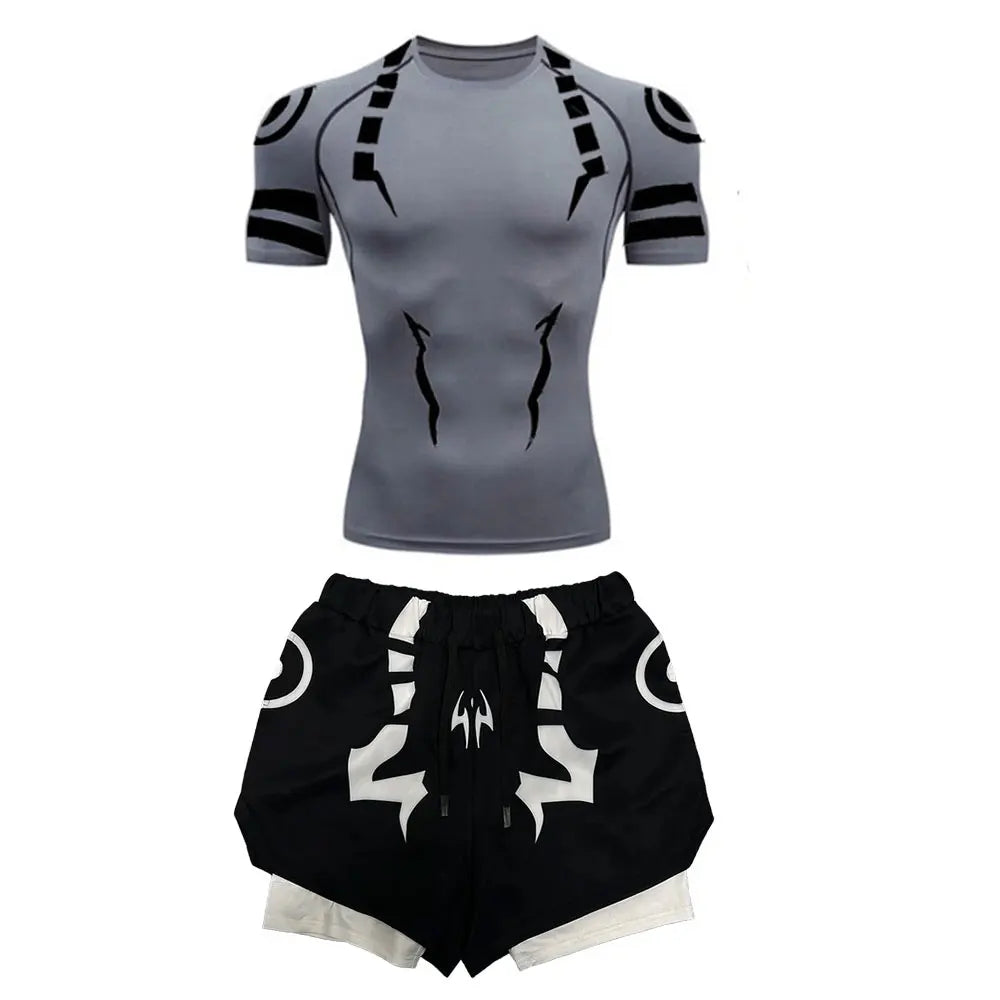 Anime Jujutsu Kaisen Compression Set Fitness Suit for Men Quick Dry 3D Compression Shirt+Gym Shorts Running Workout Sportswear
