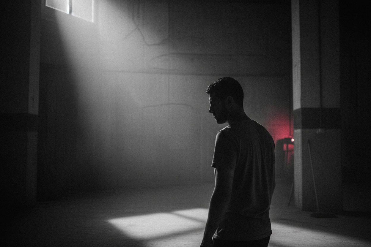 man wearing a t shirt in a dark room